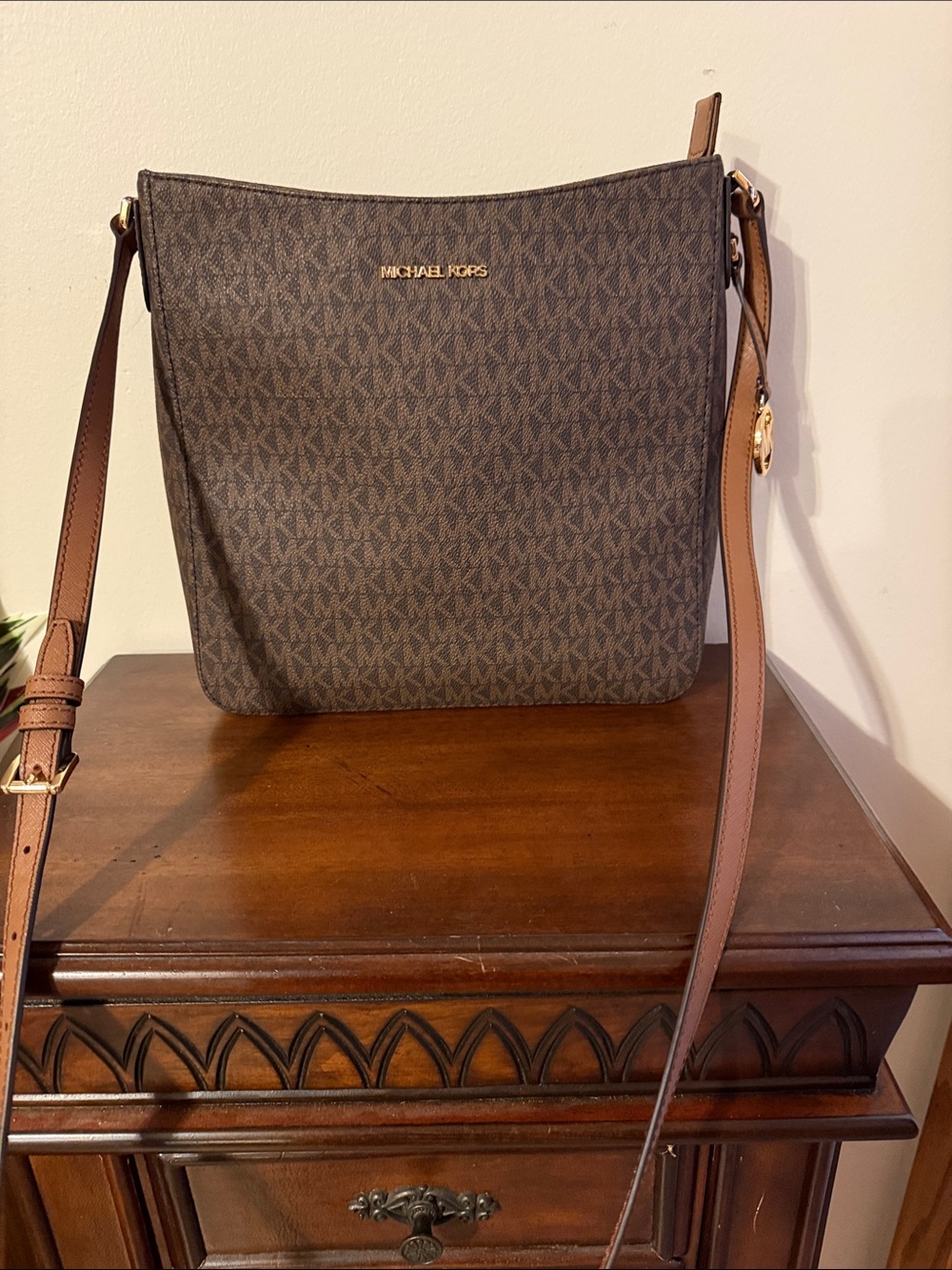 Michael Kors Brown Logo-Print Crossbody with Gold-Tone Hardware